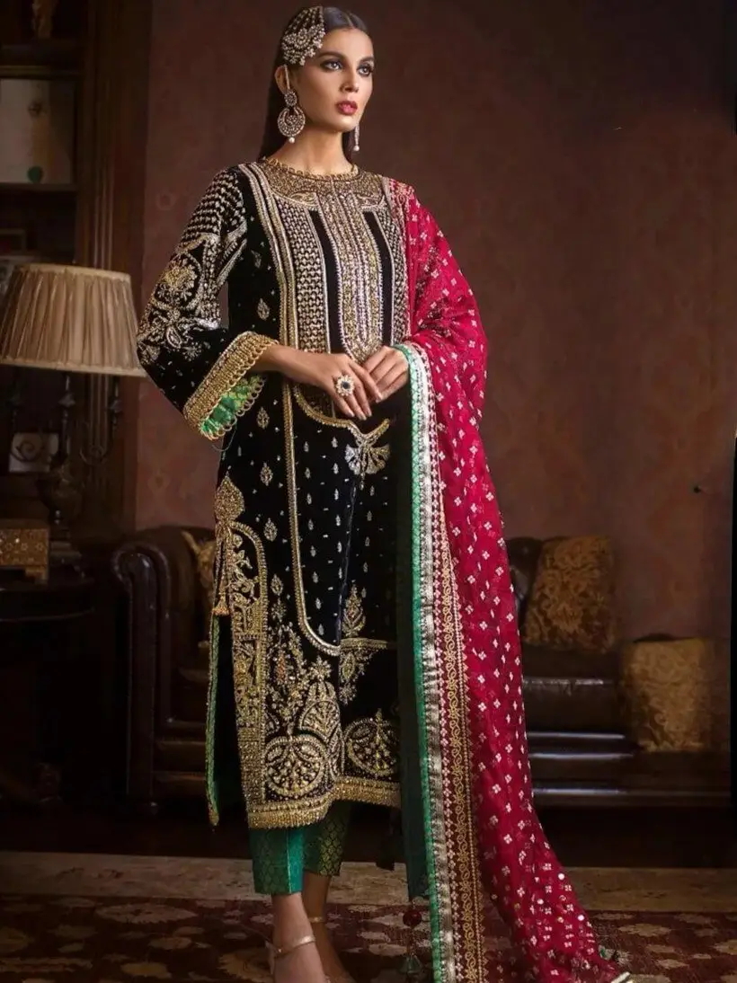 Chic and Sleek with Black Velvet Embroidered Kurta With Pant And Magenta Pink Tubby Silk Embroidered Dupatta