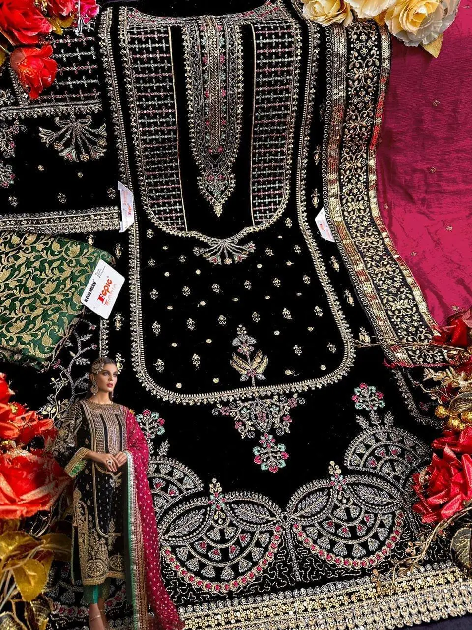 Chic and Sleek with Black Velvet Embroidered Kurta With Pant And Magenta Pink Tubby Silk Embroidered Dupatta image 3
