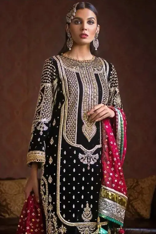 Chic and Sleek with Black Velvet Embroidered Kurta With Pant And Magenta Pink Tubby Silk Embroidered Dupatta image 2