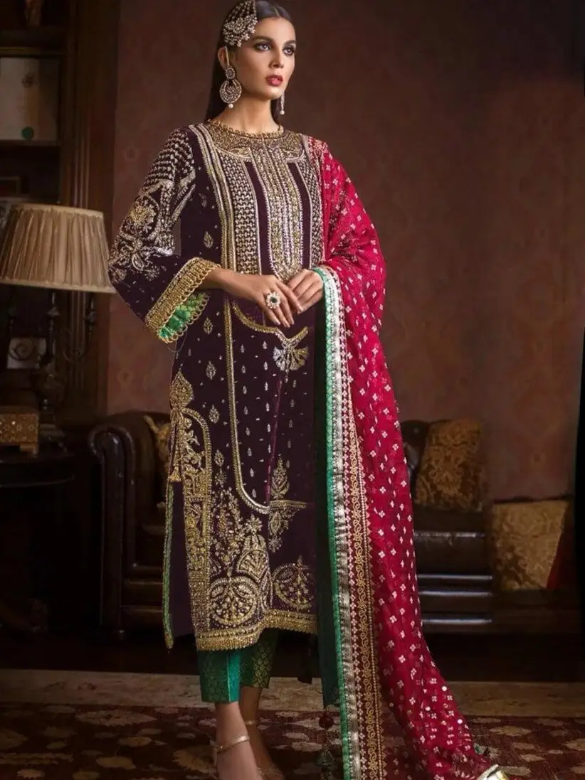 Feel the Glamour with Maroon Velvet Embroidered Kurta With Pant And Mageta Pink Tubby Silk Embroidered Dupatta