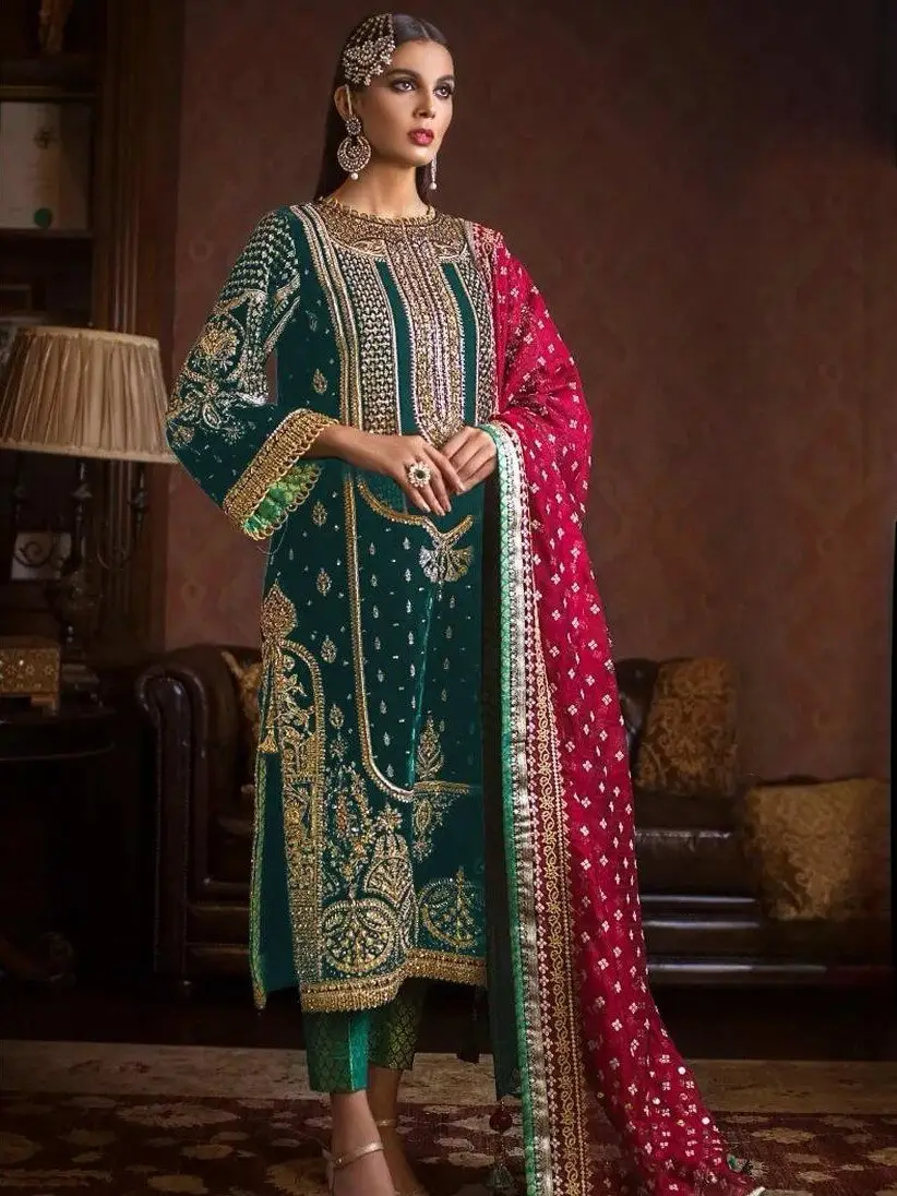 Enhance Your Essence with Green Velvet Embroidered Kurta With Pant And Mageta Pink Tubby Silk Embroidered Dupatta