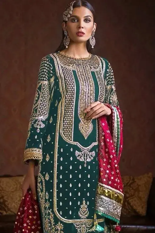 Enhance Your Essence with Green Velvet Embroidered Kurta With Pant And Mageta Pink Tubby Silk Embroidered Dupatta image 2