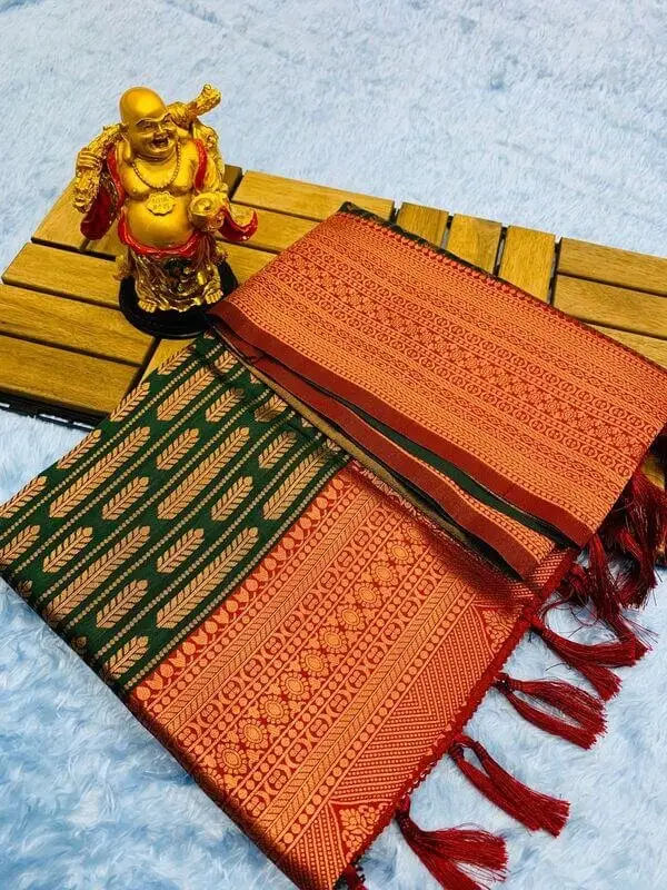 Time to Shine with Dark Green And Brick Red Pattu Kanjivaram Silk Saree With Rich Pallu