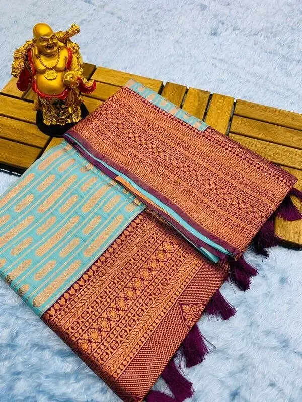 Rock the Glam with Sea Blue And Brick Red Pattu Kanjivaram Silk Saree With Rich Pallu