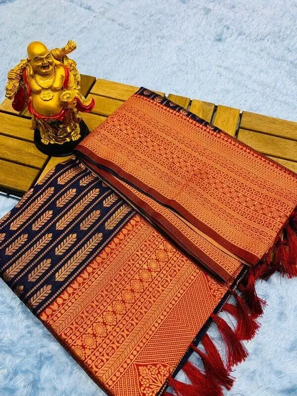 Refine Your Glow with Blue And Brick Red Pattu Kanjivaram Silk Saree With Rich Pallu image 2