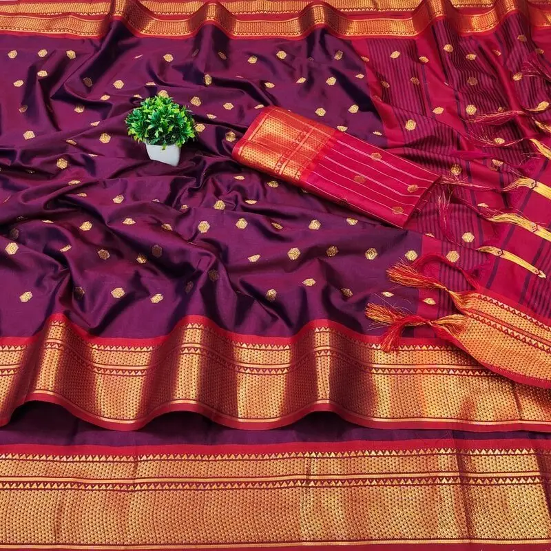 Chic and Sleek with Plum Cotton Silk Paithani Saree image 2