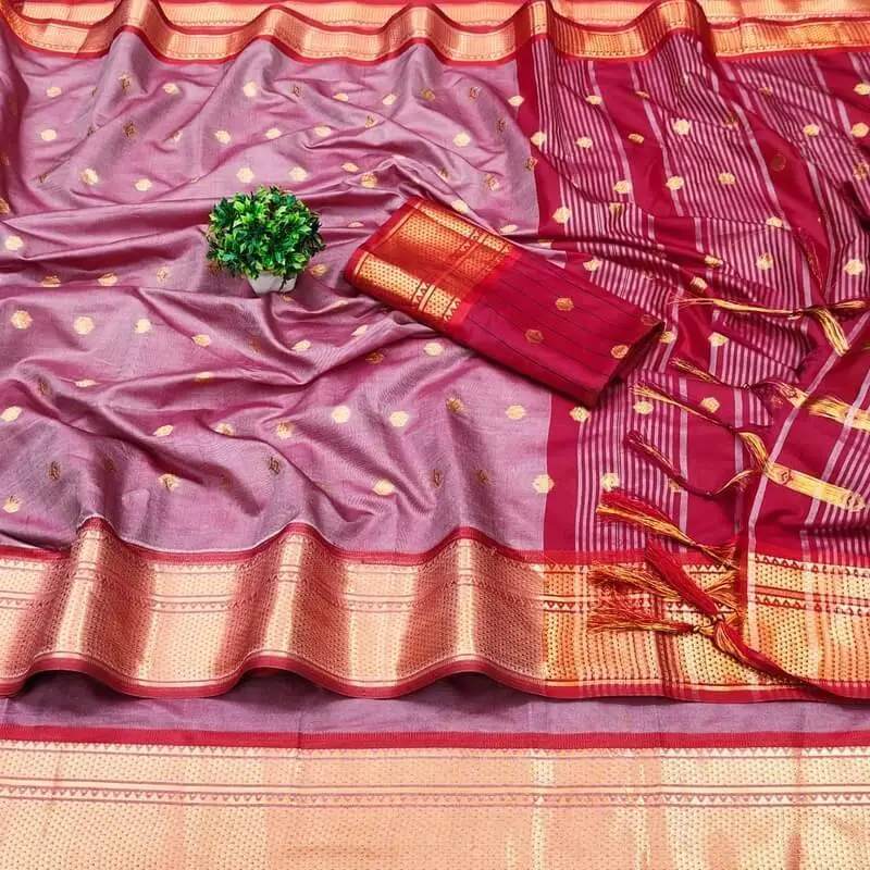 Get Your Glam On with Redish Pink Cotton Silk Paithani Saree image 3