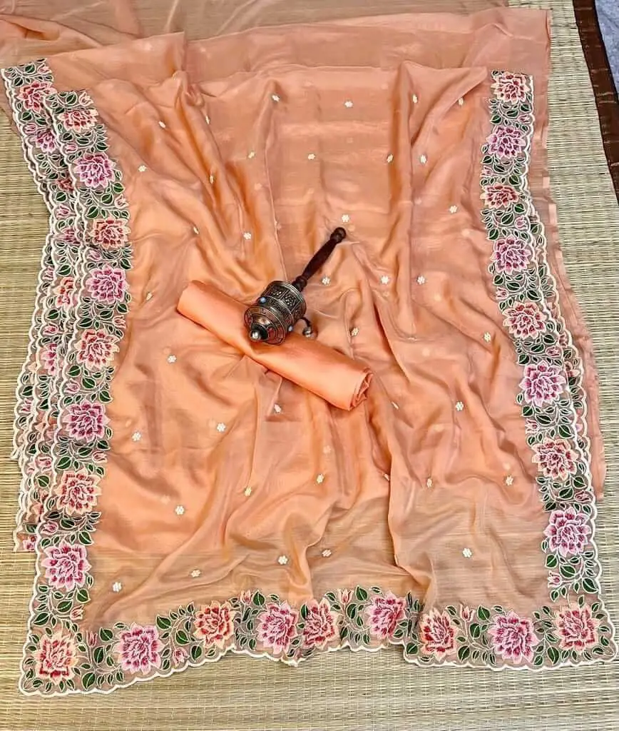 Refine Your Glow with Peach Organza Silk Saree With Fine Floral Embroidery With Scalloped Edges image 2
