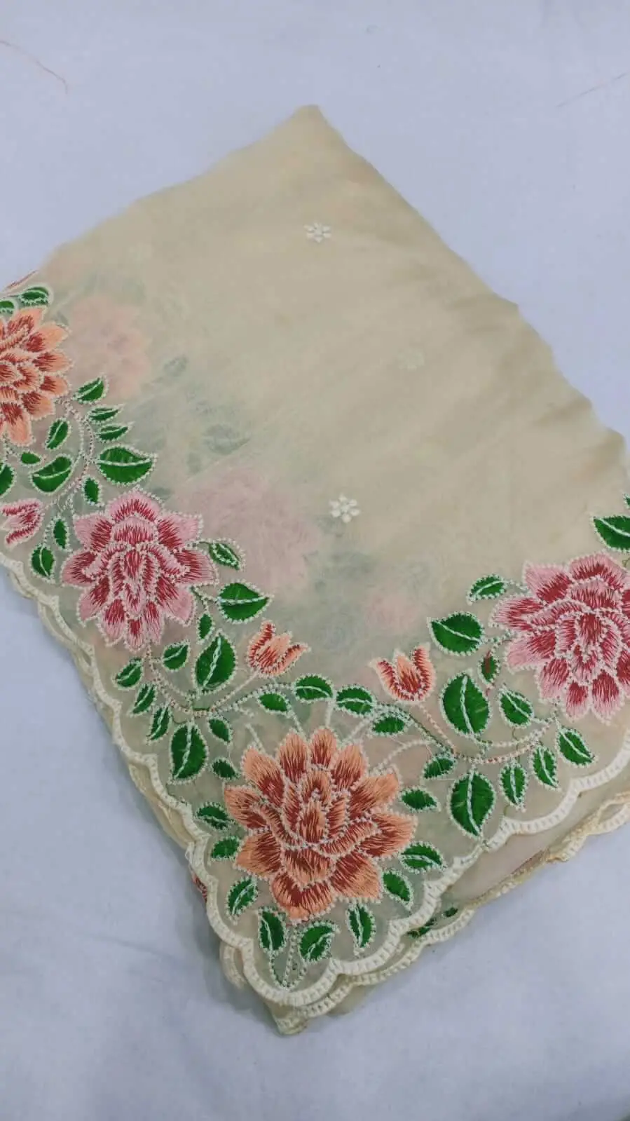 Refine Your Glow with Ivory Organza Silk Saree With Fine Floral Embroidery With Scalloped Edges