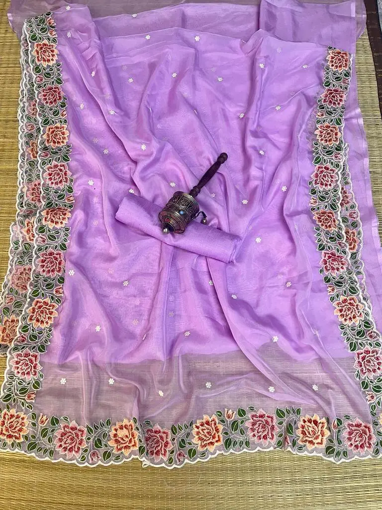 Rock the Glam with Purple Organza Silk Saree With Fine Floral Embroidery With Scalloped Edges image 2