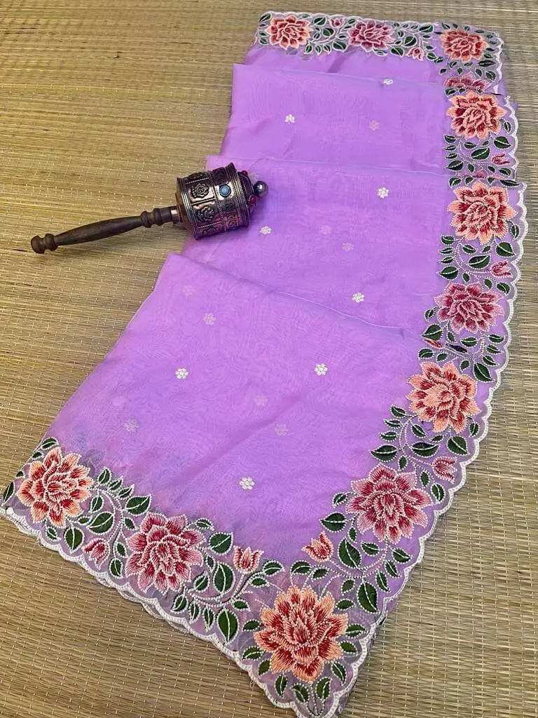 Rock the Glam with Purple Organza Silk Saree With Fine Floral Embroidery With Scalloped Edges