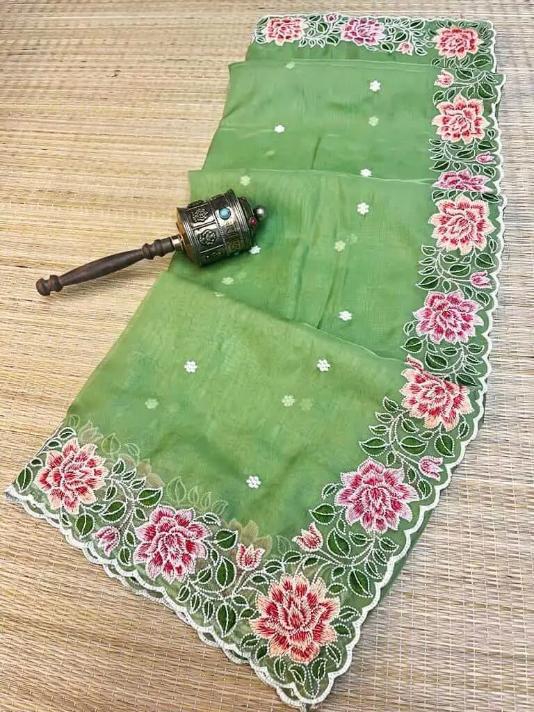Style It Up with Green Organza Silk Saree With Fine Floral Embroidery With Scalloped Edges