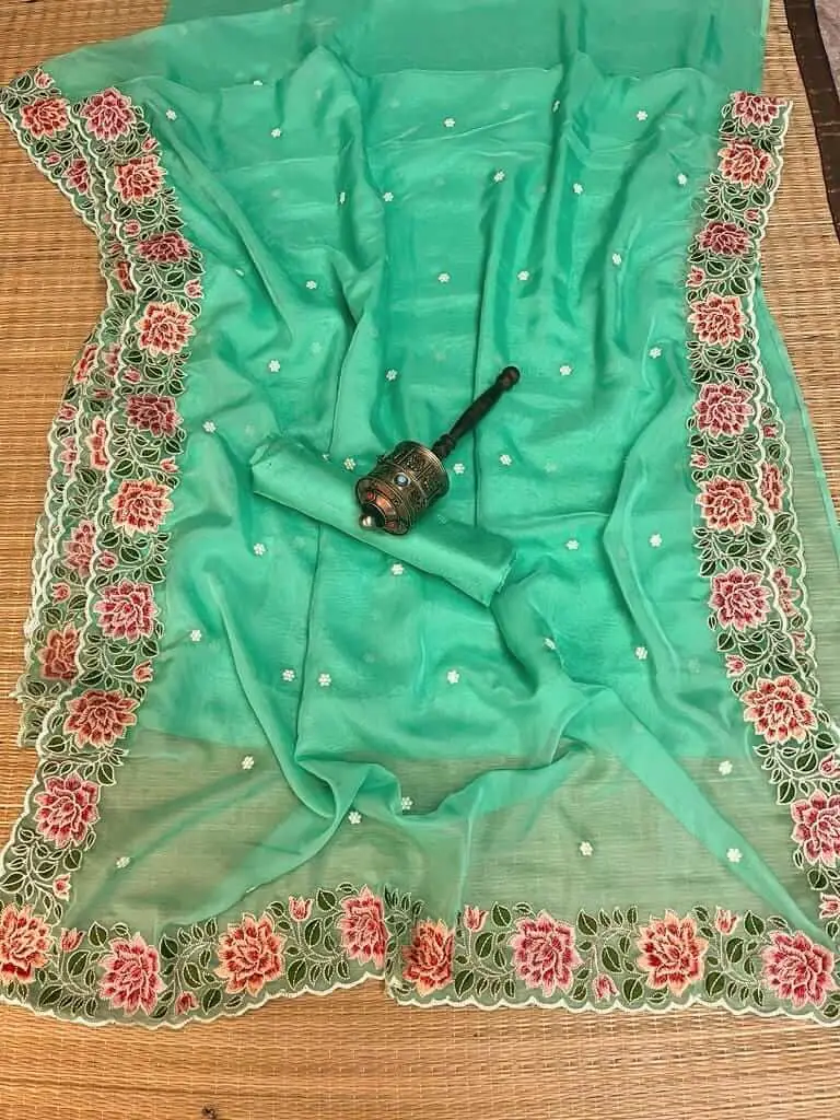 Elevate Your Look with Sea Green Organza Silk Saree With Fine Floral Embroidery With Scalloped Edges image 2