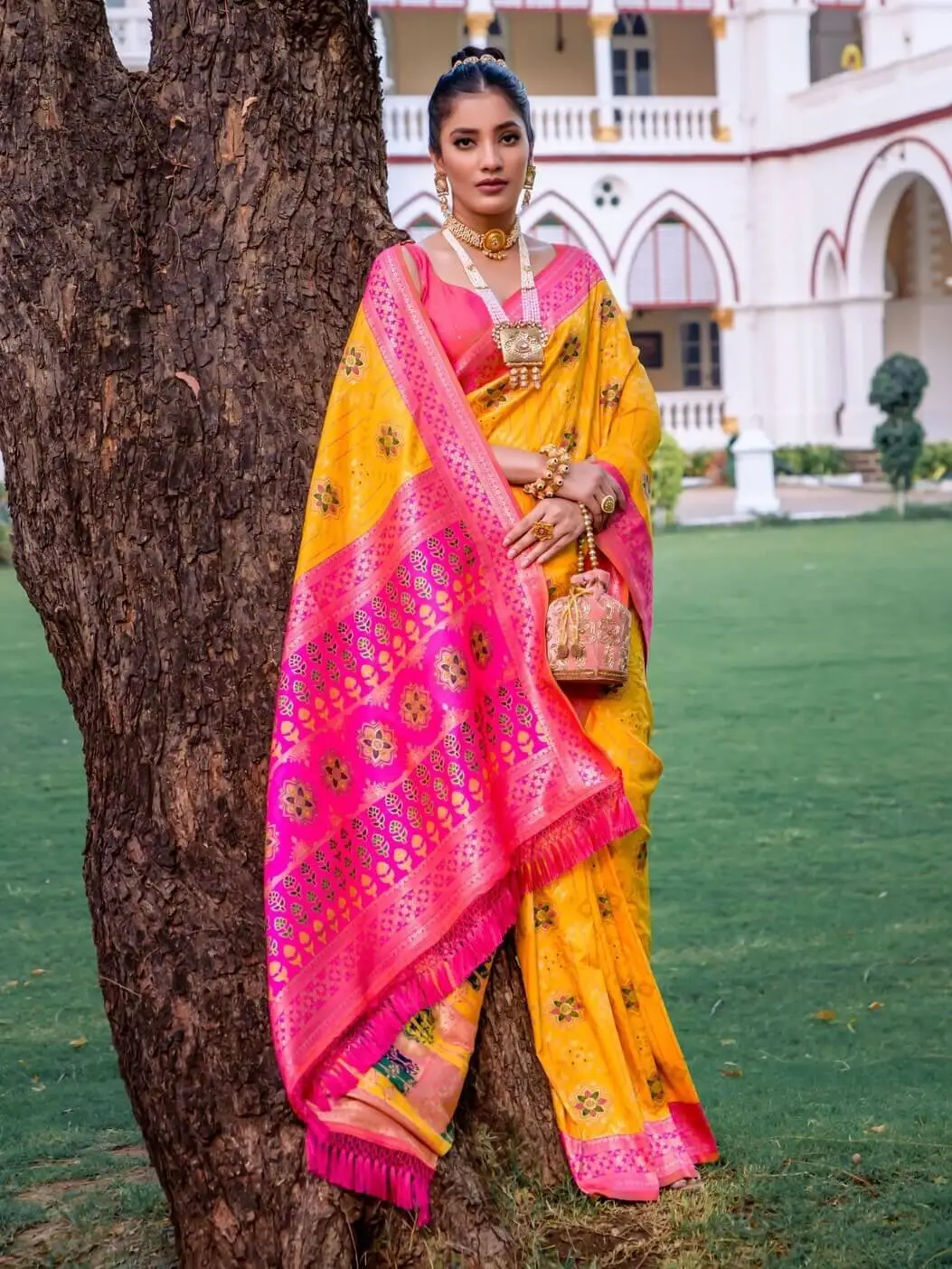 Get Your Glam On with Yellow And Pink Banarasi Patola Silk Saree image 2