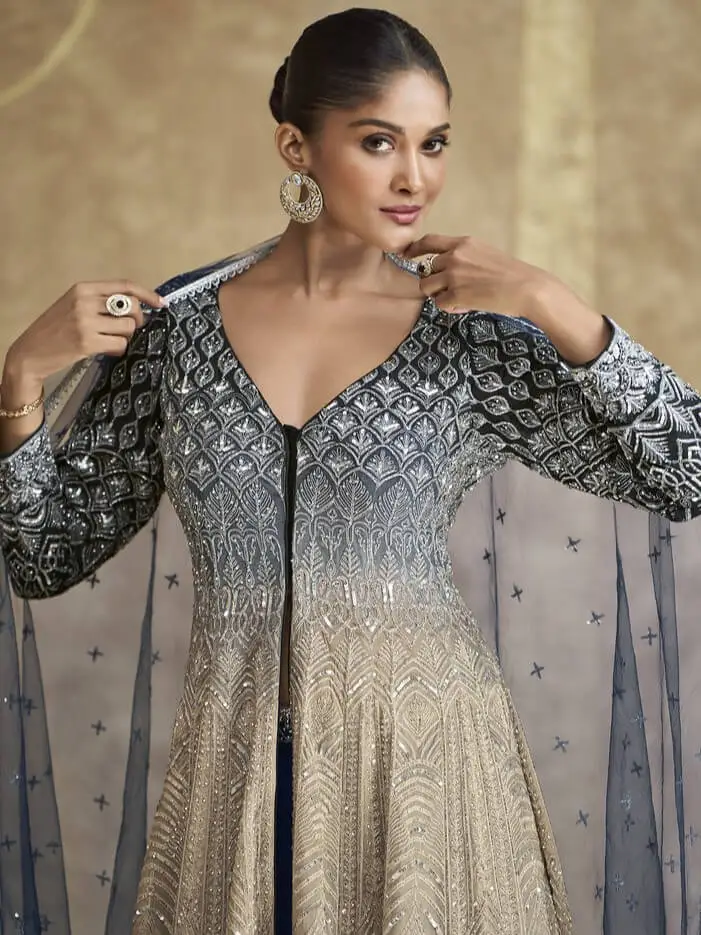 Shimmer and Shine with Navy Blue and Beige Embroidered Georgette Indo Western Dress image 4