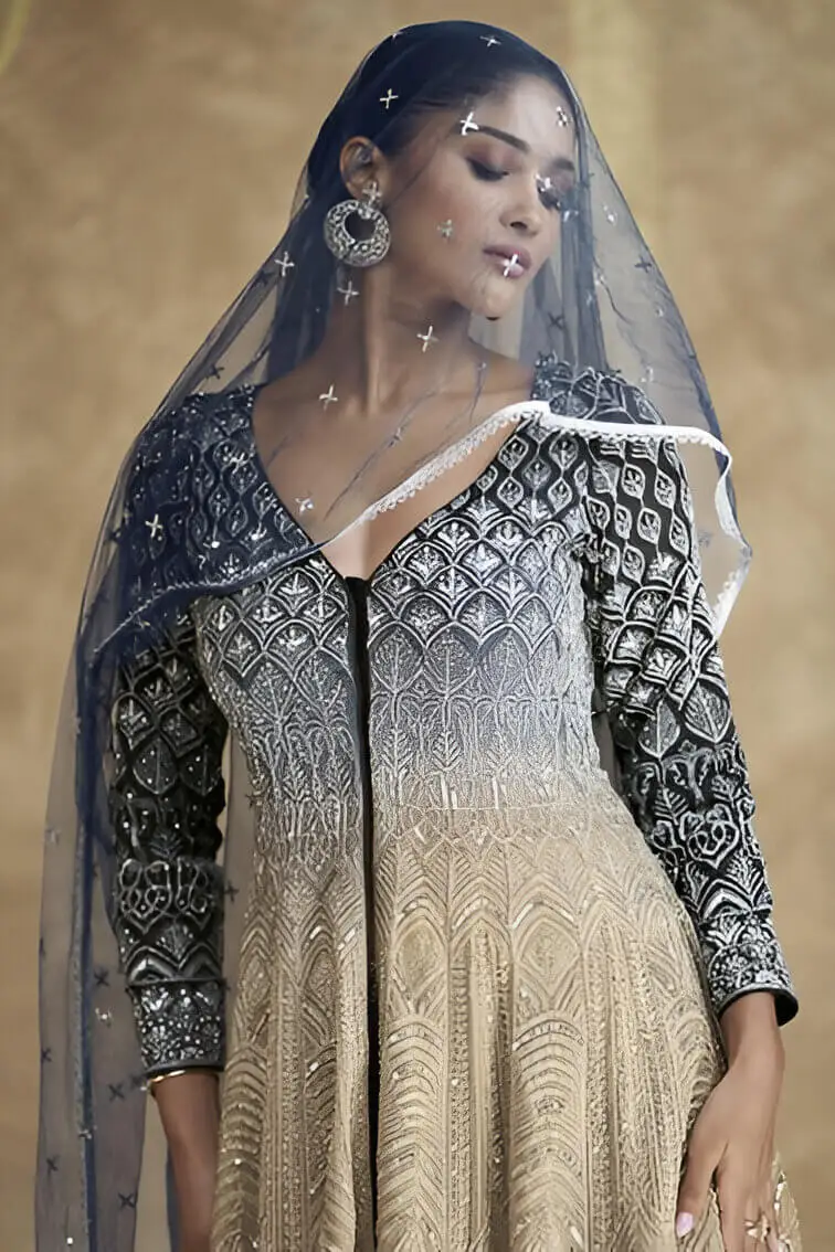 Shimmer and Shine with Navy Blue and Beige Embroidered Georgette Indo Western Dress image 5