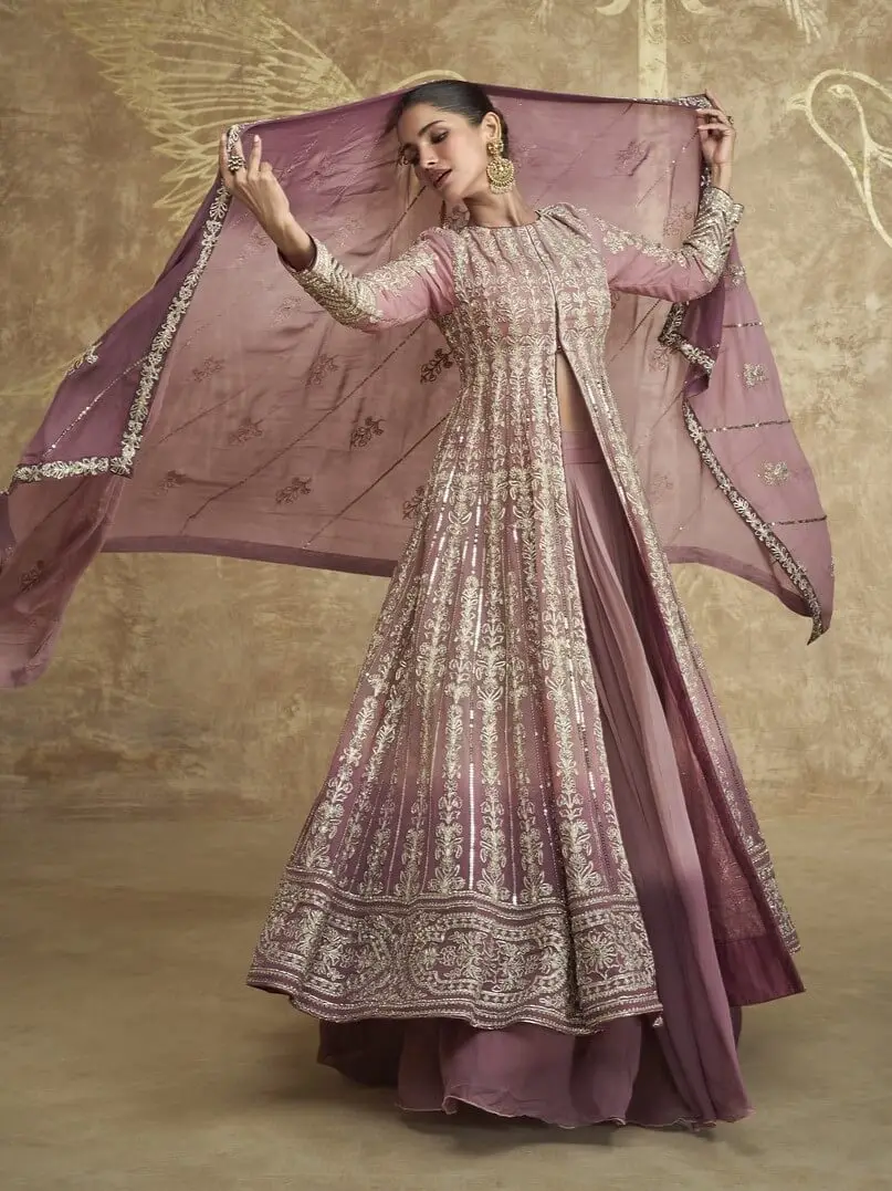Shimmer and Shine with Onion Pink Embroidered Georgette Indo Western Dress image 2