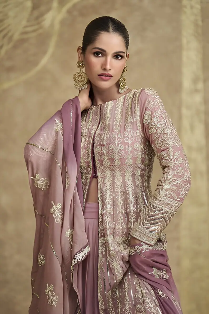 Shimmer and Shine with Onion Pink Embroidered Georgette Indo Western Dress image 3