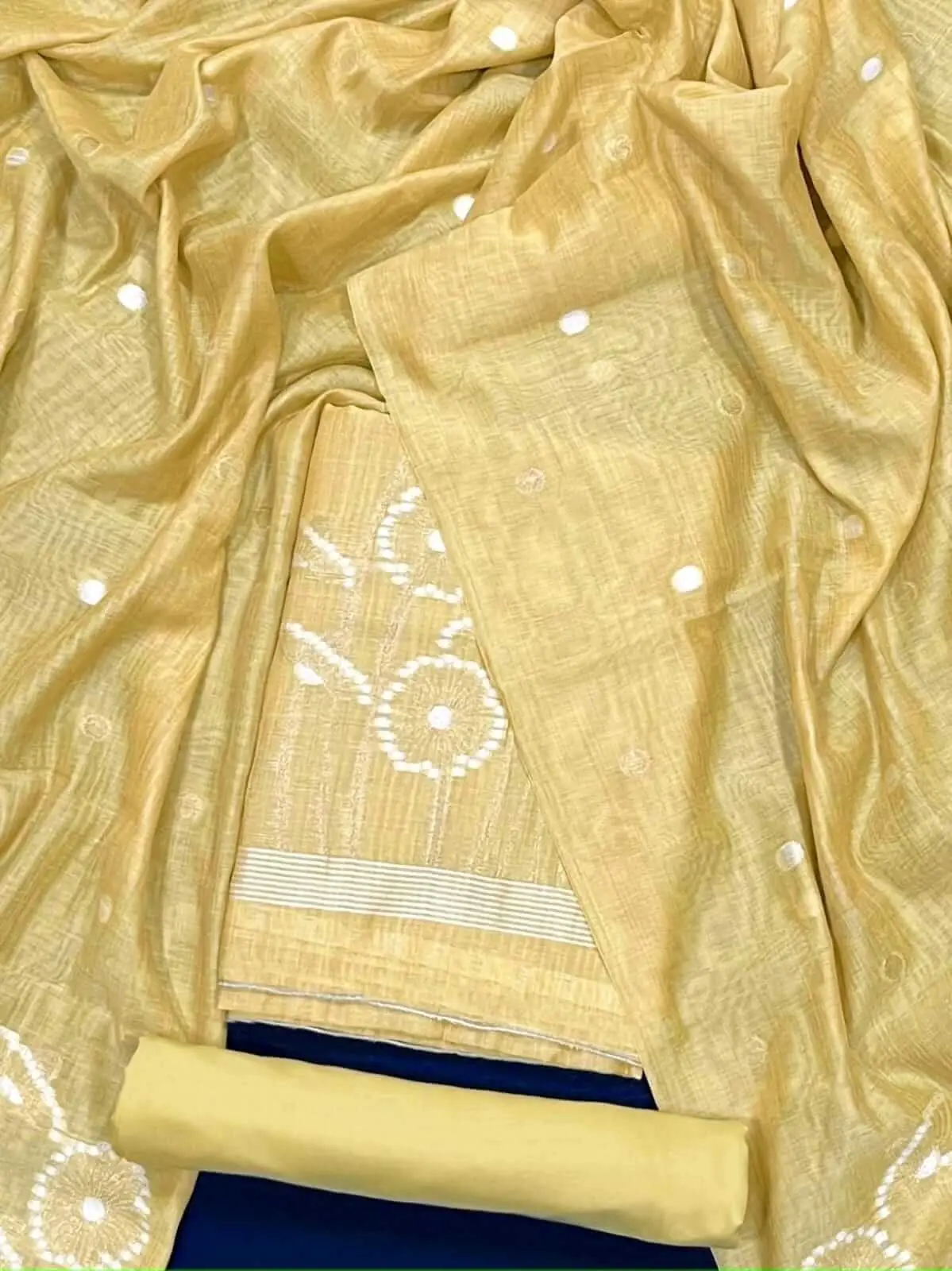 Elevate Your Look with Egg Nog Color Embroidered Muga Cotton Unstitched Suit Set With Dupatta image 2