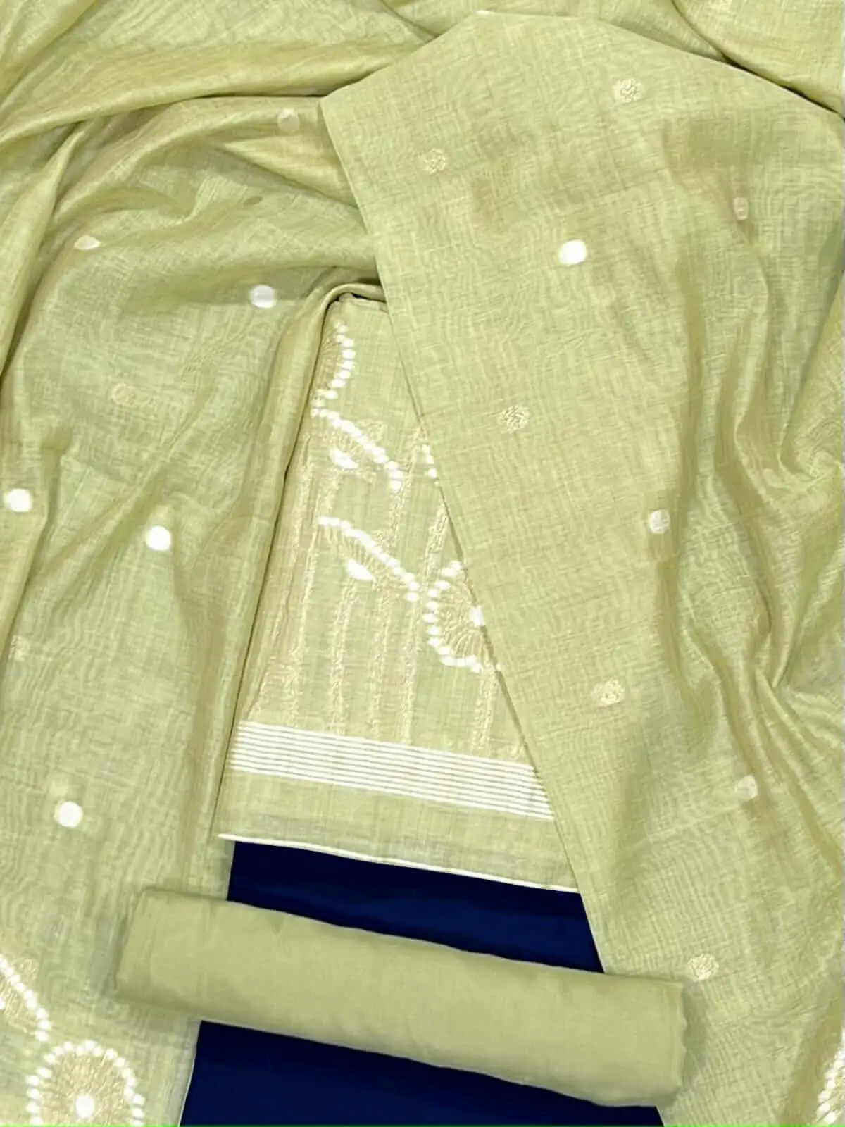 Turn Up the Glam with Pista Green Embroidered Muga Cotton Unstitched Suit Set With Dupatta image 2