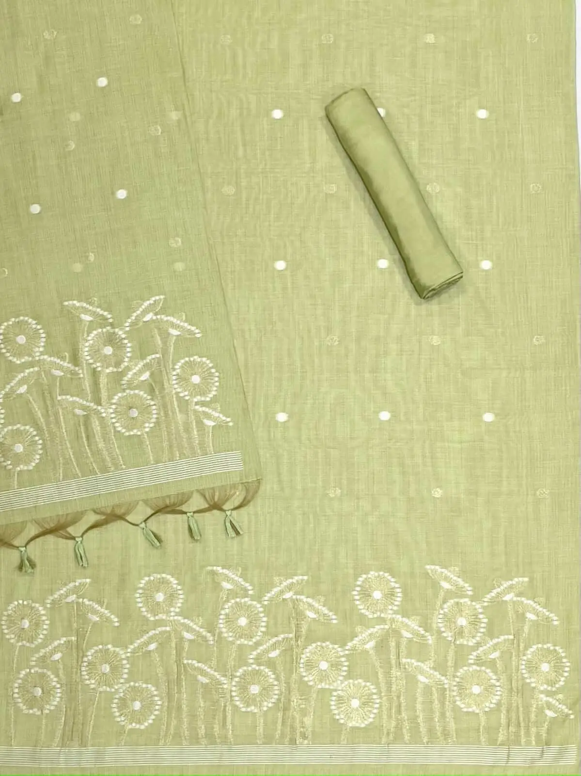 Turn Up the Glam with Pista Green Embroidered Muga Cotton Unstitched Suit Set With Dupatta image 3