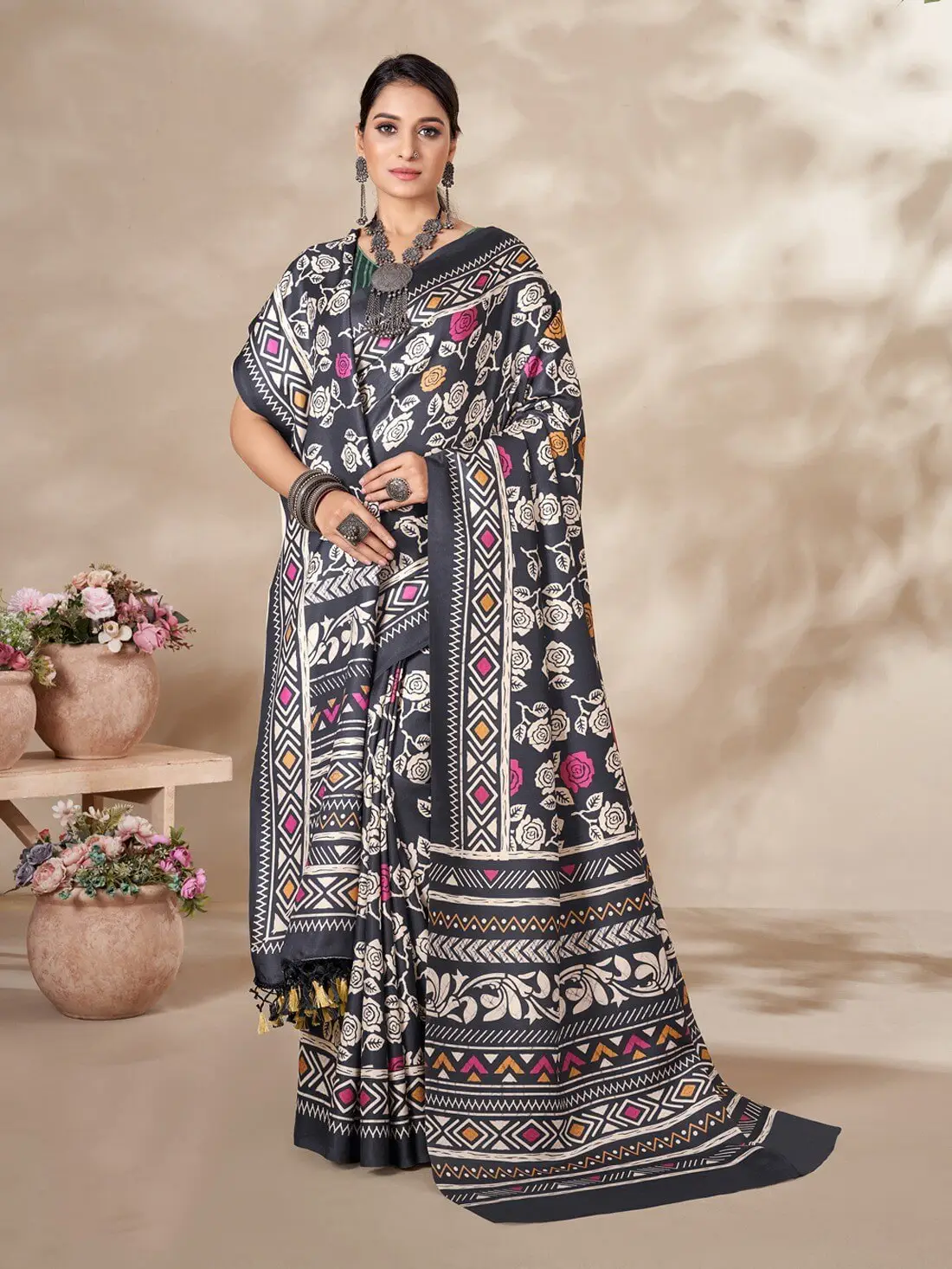Refine Your Glow with Black Digital Printed Pashmina Silk Saree With Shawl