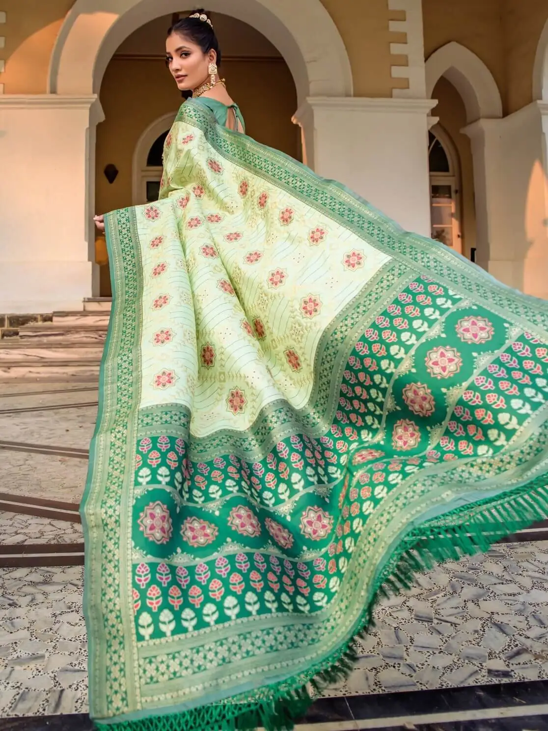 Get Your Glam On with Pastel Green Banarasi Patola Silk Saree image 2