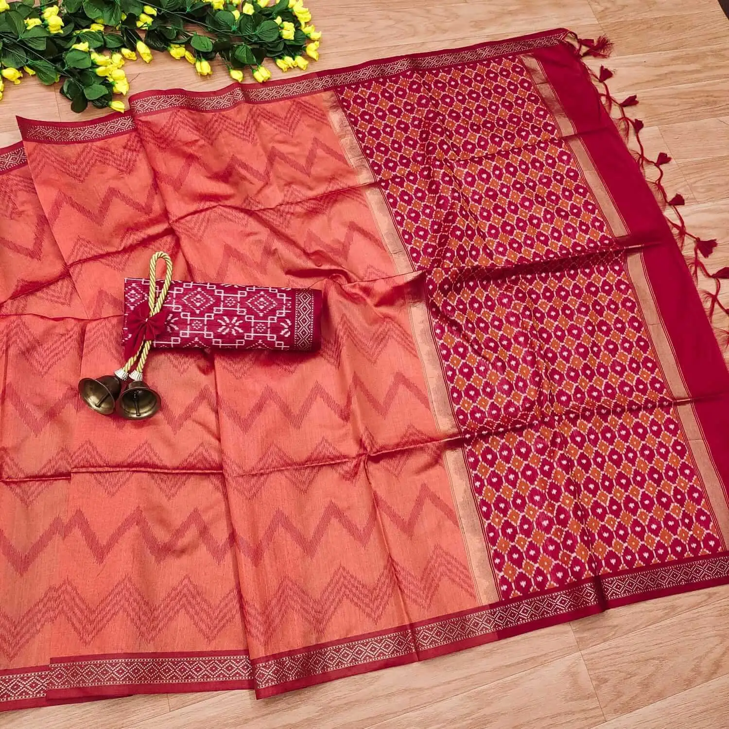 Refine Your Glow with Peach And Red Zari Woven Tussar Silk Saree image 2
