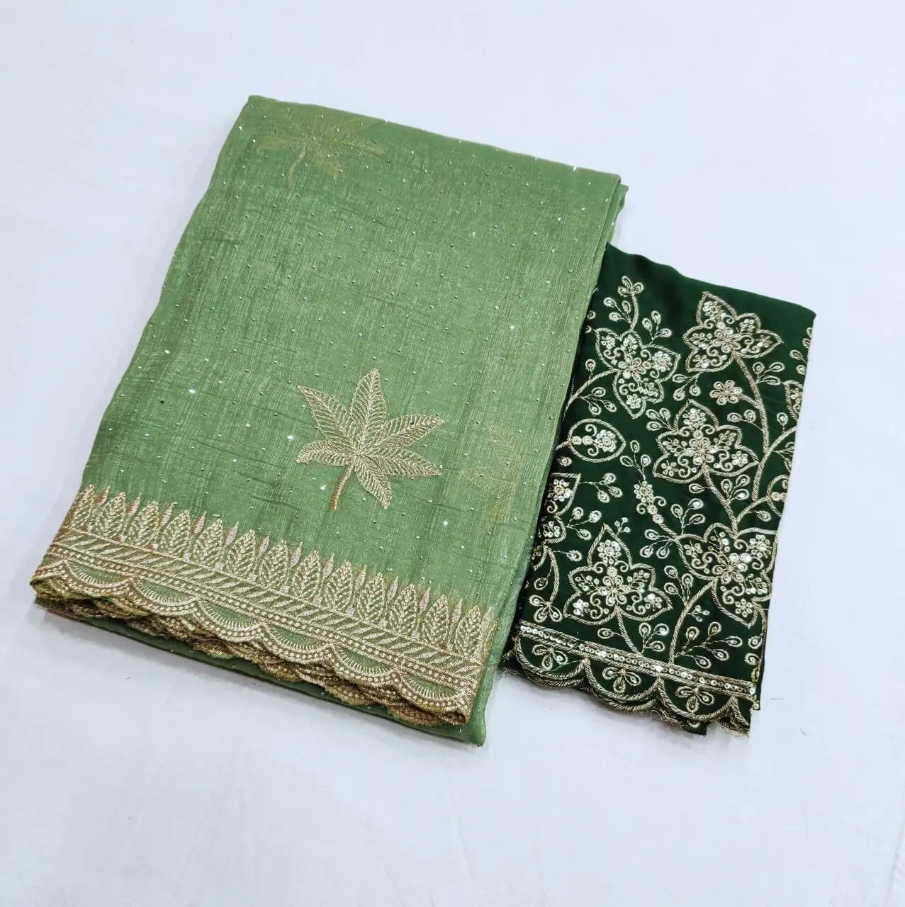 Get Stylish with Pista Green Swarovski Work Cotton Silk Saree image 3