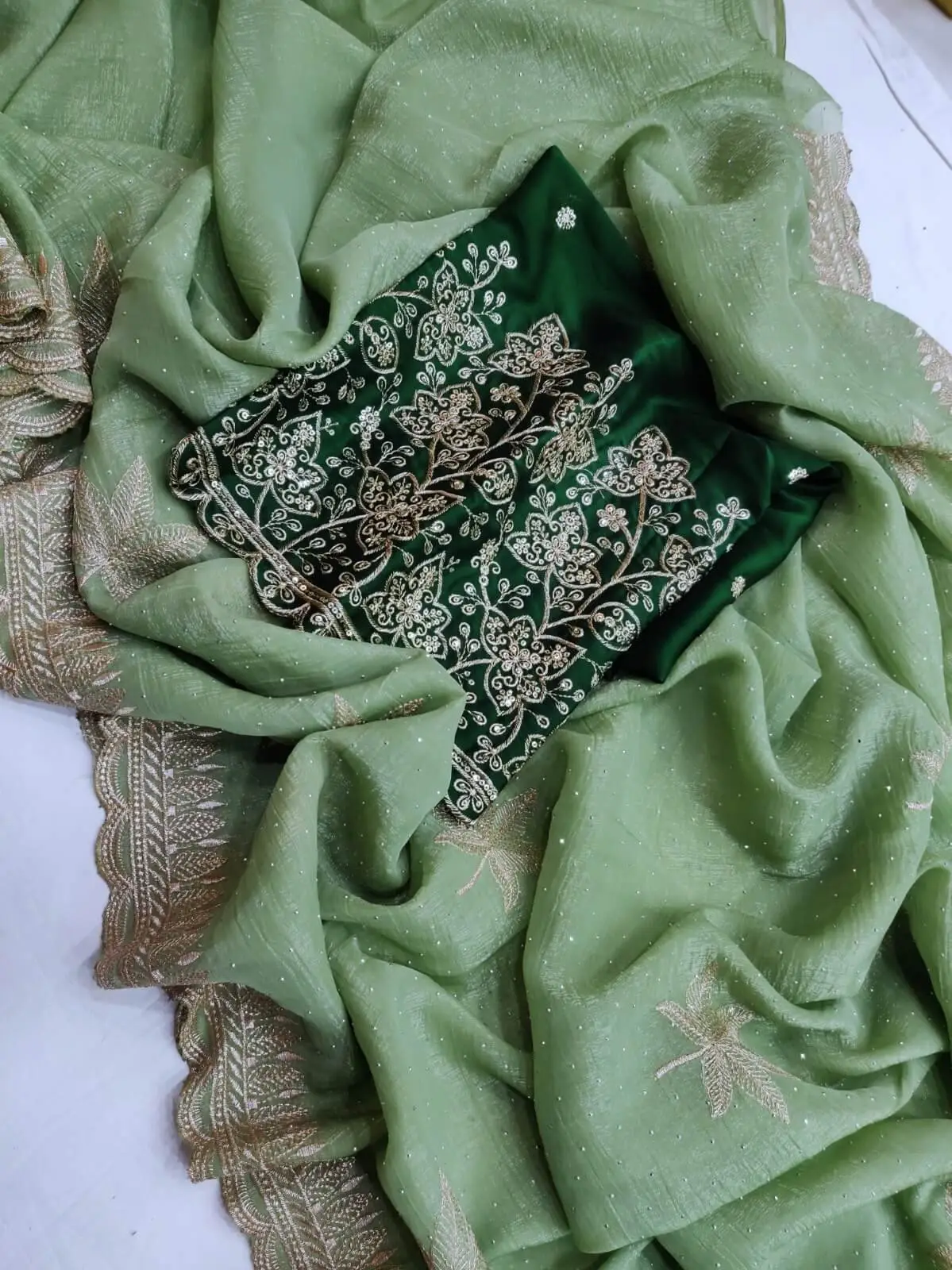 Get Stylish with Pista Green Swarovski Work Cotton Silk Saree image 2