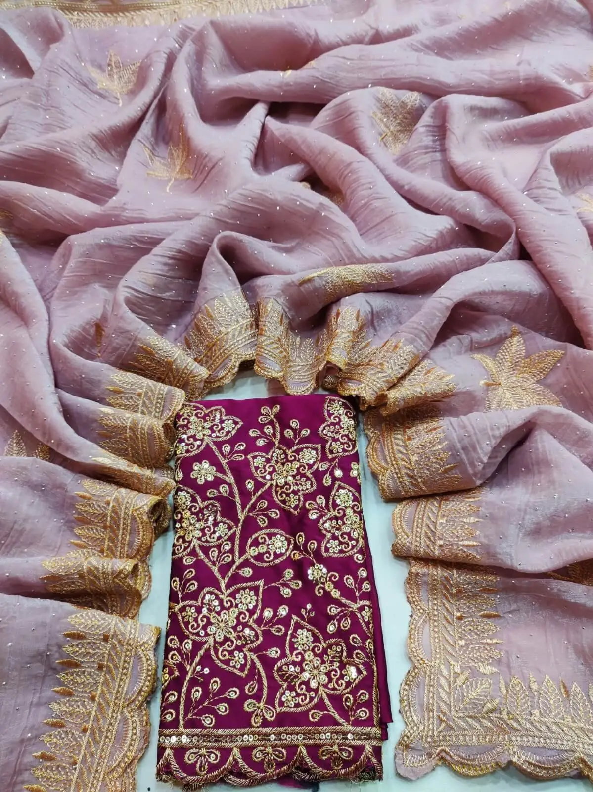 Feel the Glamour with Onion Pink Swarovski Work Cotton Silk Saree