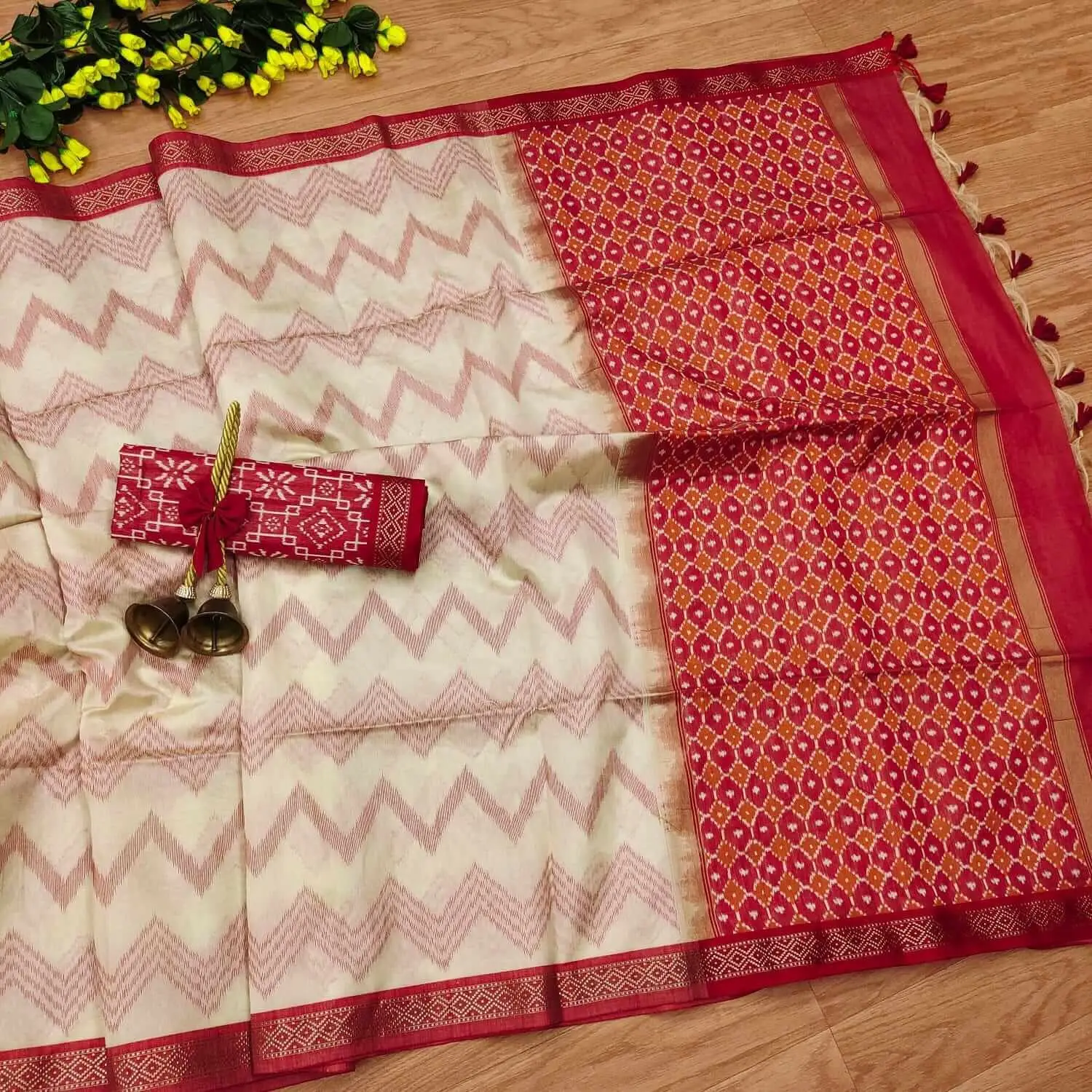 Chic and Sleek with Off White And Red Zari Woven Tussar Silk Saree image 2