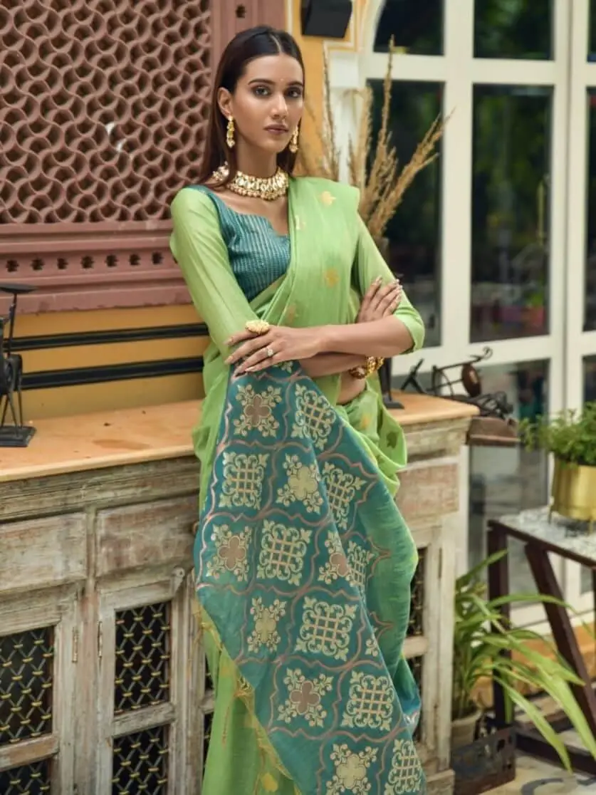 Step Into Elegance with Pista Green Chanderi Silk Saree With Contrast Pallu image 3