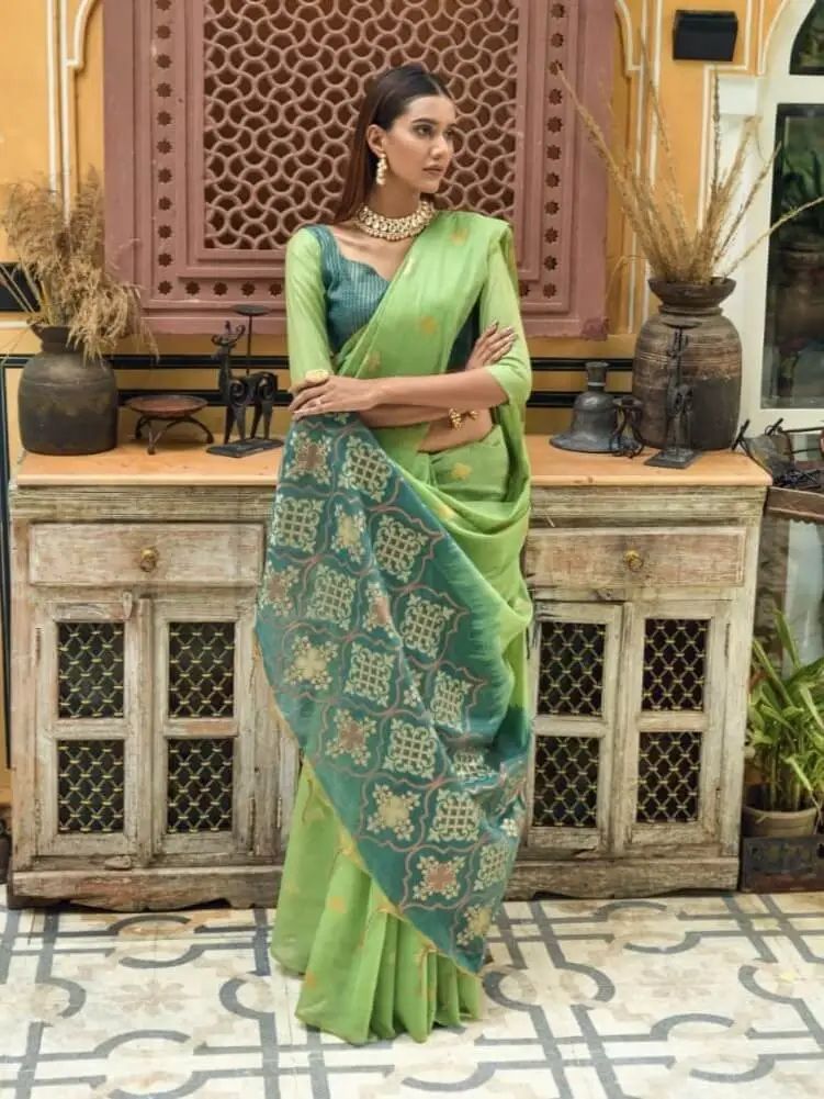 Step Into Elegance with Pista Green Chanderi Silk Saree With Contrast Pallu image 2