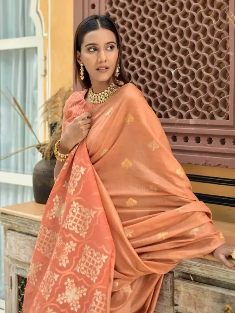 Step Into Fabulous with Peach Chanderi Silk Saree With Contrast Pallu image 3