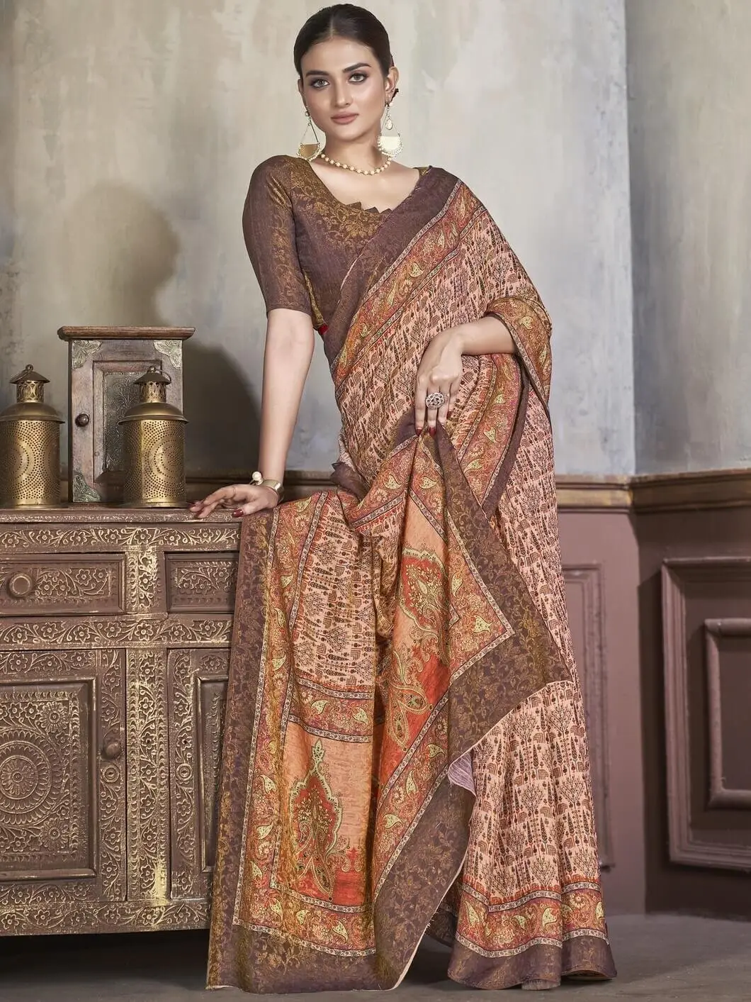 Step Into Elegance with Brown Silk Saree With Jacquard Zari With Digital Prints