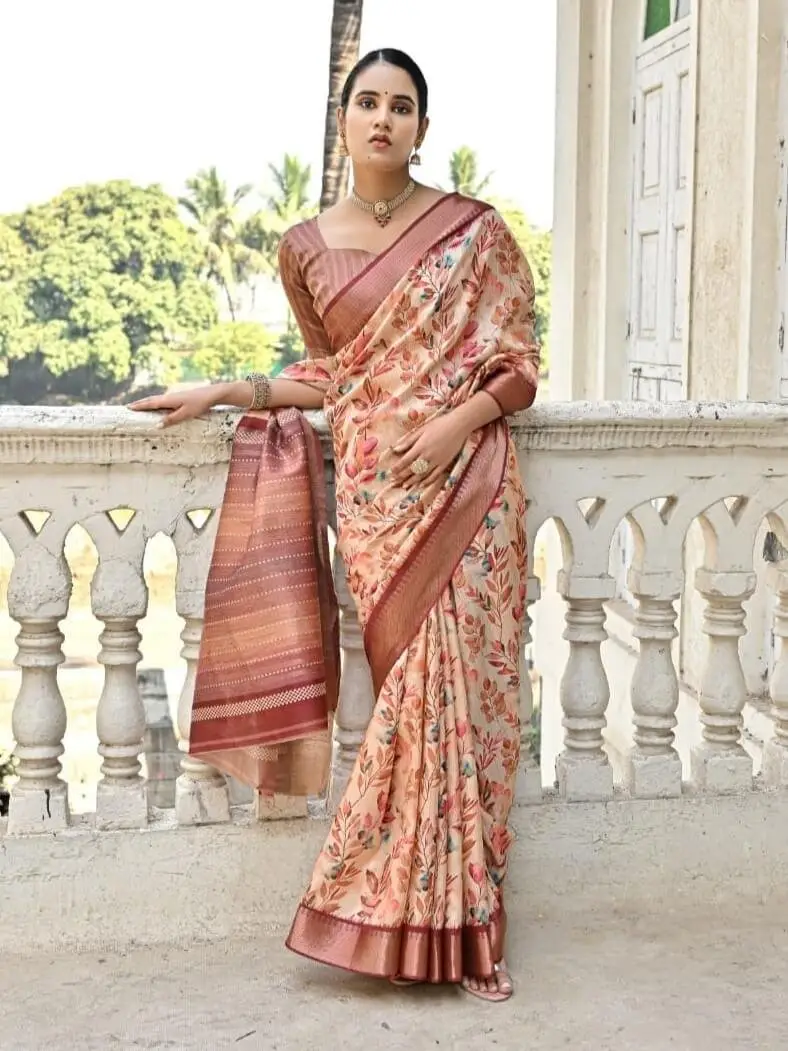 Refine Your Glow with Brown Floral Printed Zari Woven Bhagalpuri Silk Saree image 2