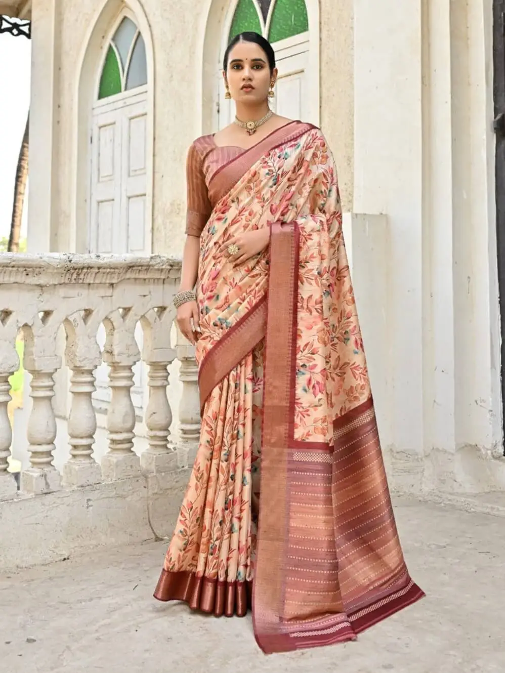 Refine Your Glow with Brown Floral Printed Zari Woven Bhagalpuri Silk Saree