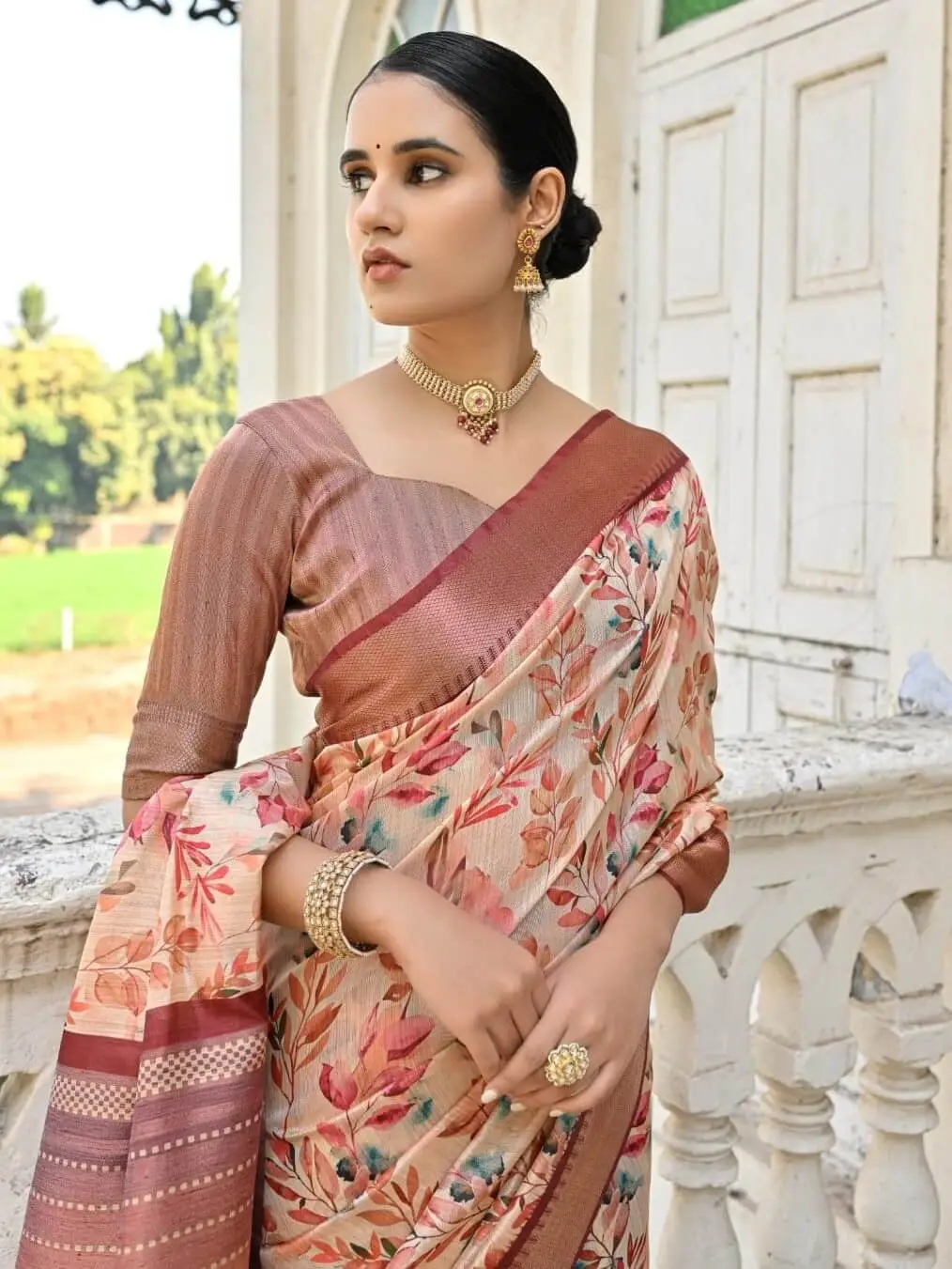 Refine Your Glow with Brown Floral Printed Zari Woven Bhagalpuri Silk Saree image 3