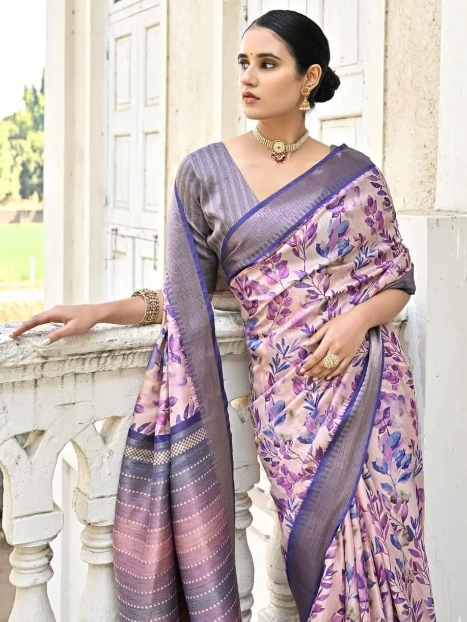 Gild Your Glamour with Purple Floral Printed Zari Woven Bhagalpuri Silk Saree image 3