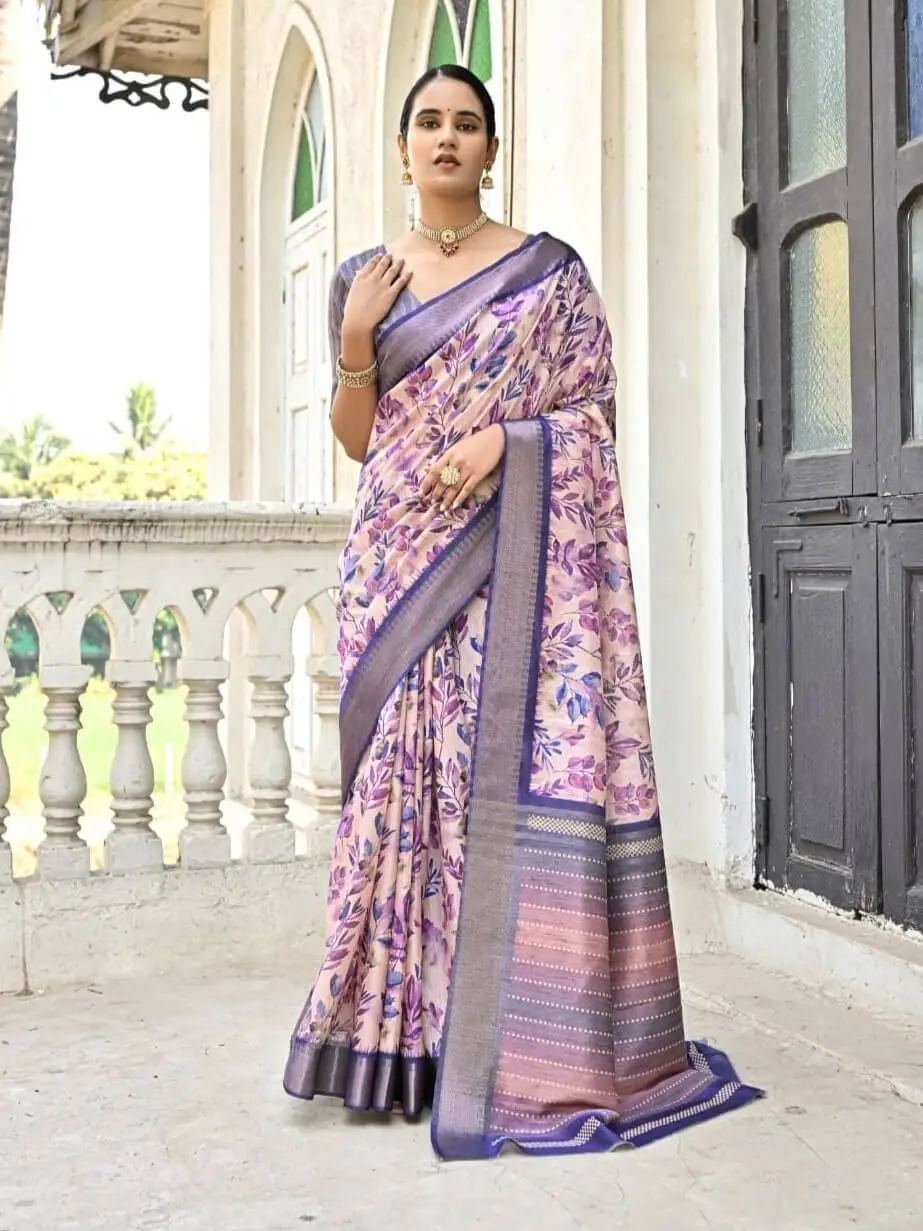 Gild Your Glamour with Purple Floral Printed Zari Woven Bhagalpuri Silk Saree image 2