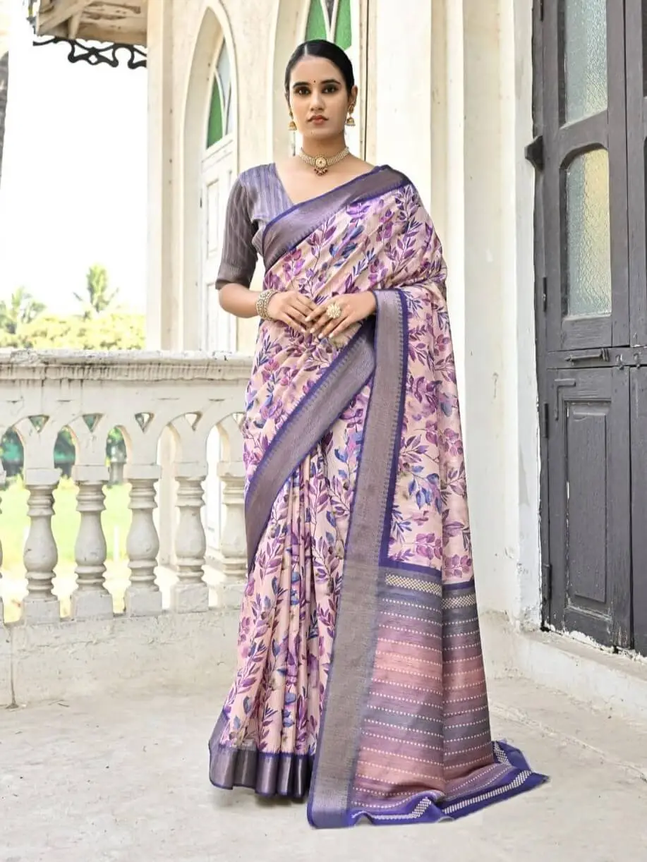 Gild Your Glamour with Purple Floral Printed Zari Woven Bhagalpuri Silk Saree