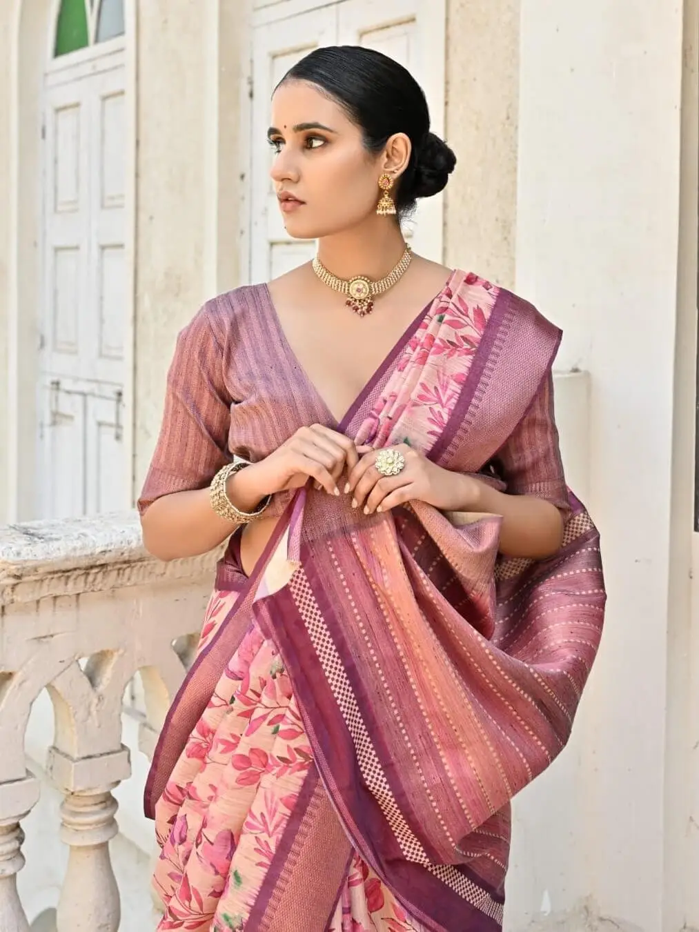 Feel the Glamour with Pink Floral Printed Zari Woven Bhagalpuri Silk Saree image 3