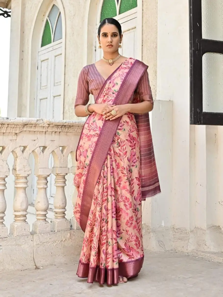 Feel the Glamour with Pink Floral Printed Zari Woven Bhagalpuri Silk Saree image 2