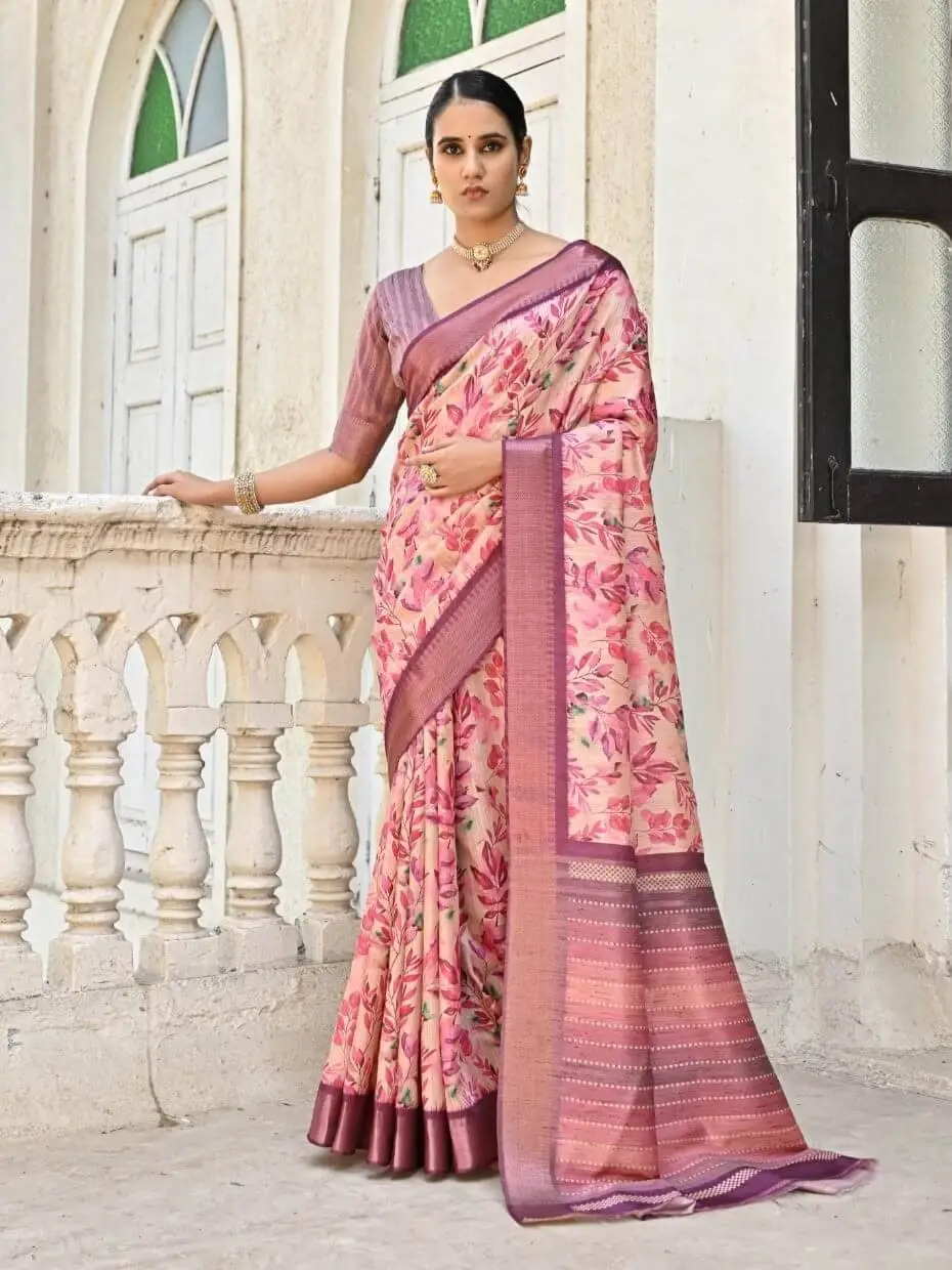 Feel the Glamour with Pink Floral Printed Zari Woven Bhagalpuri Silk Saree