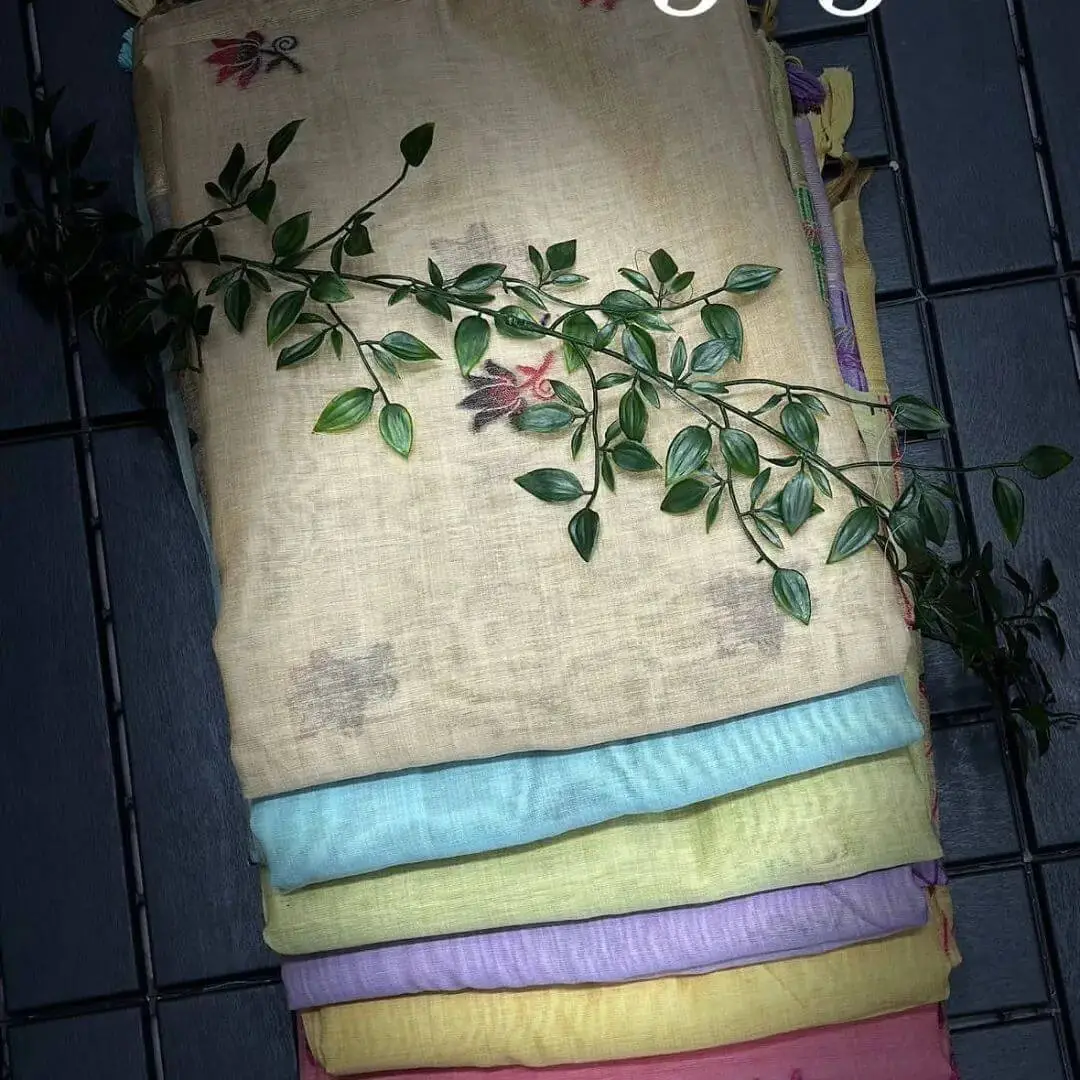 Elevate Your Look with Cream Muga Cotton Floral Print Saree With Tassels image 3