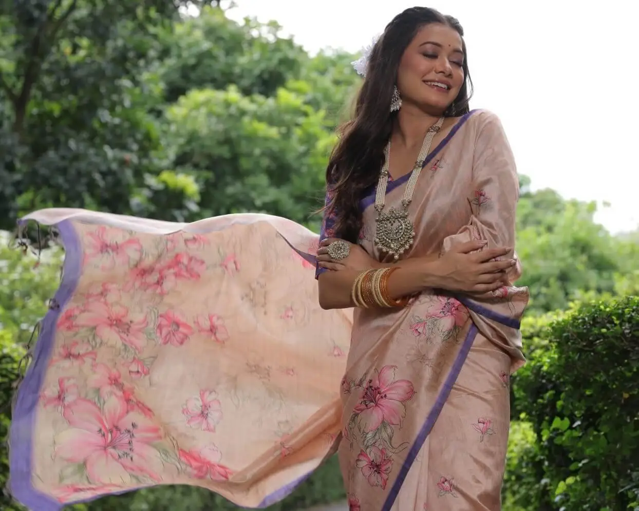 Step Into Fabulous with Beige Floral Print Tussar Silk Saree image 3