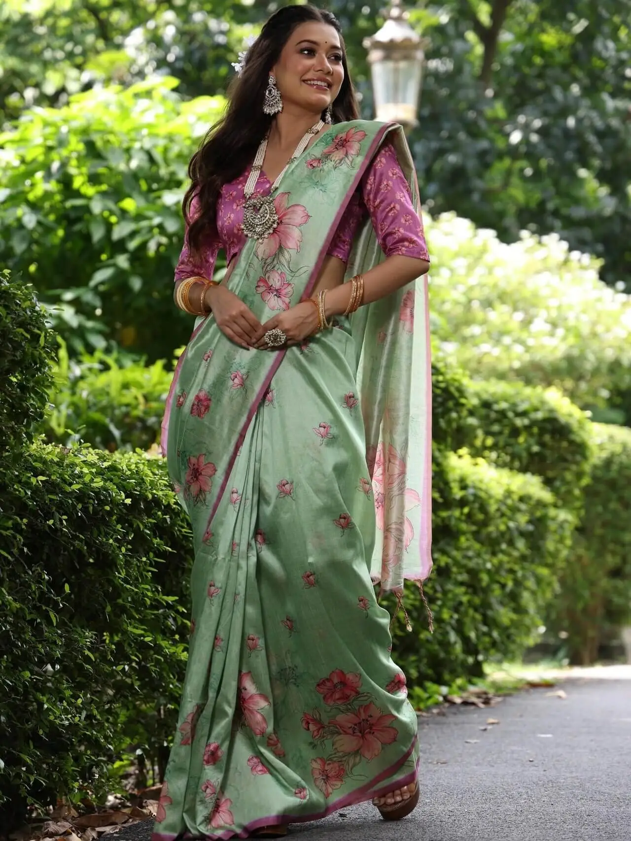 Shimmer and Shine with Pista Green Floral Print Tussar Silk Saree