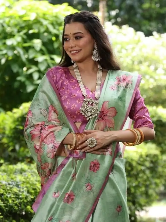 Shimmer and Shine with Pista Green Floral Print Tussar Silk Saree image 2