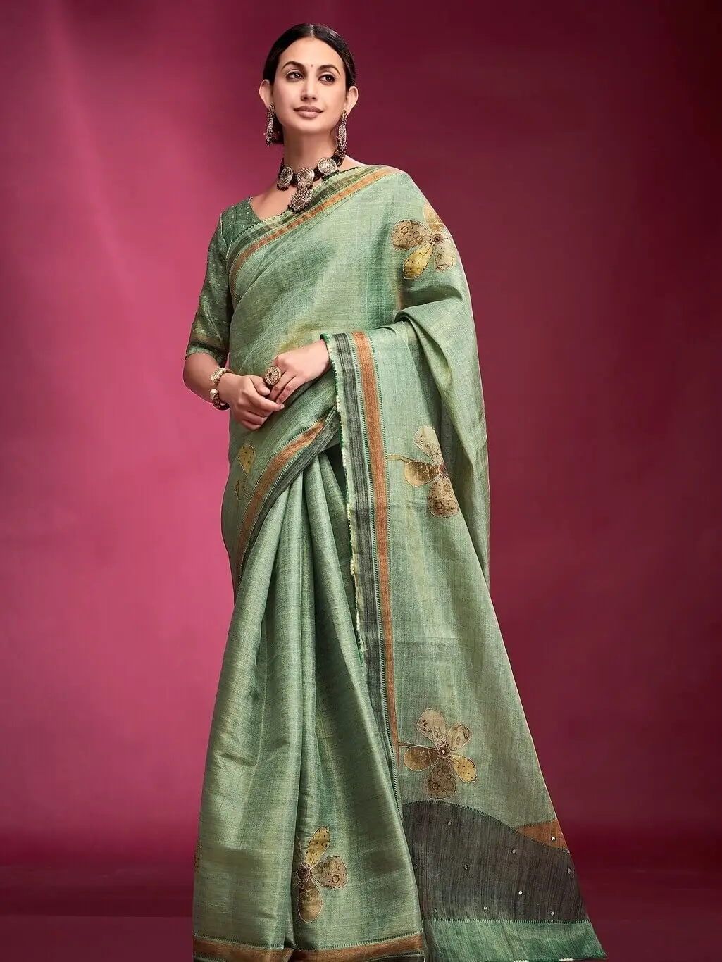 Enhance Your Essence with Pine Green Tussar Silk Saree